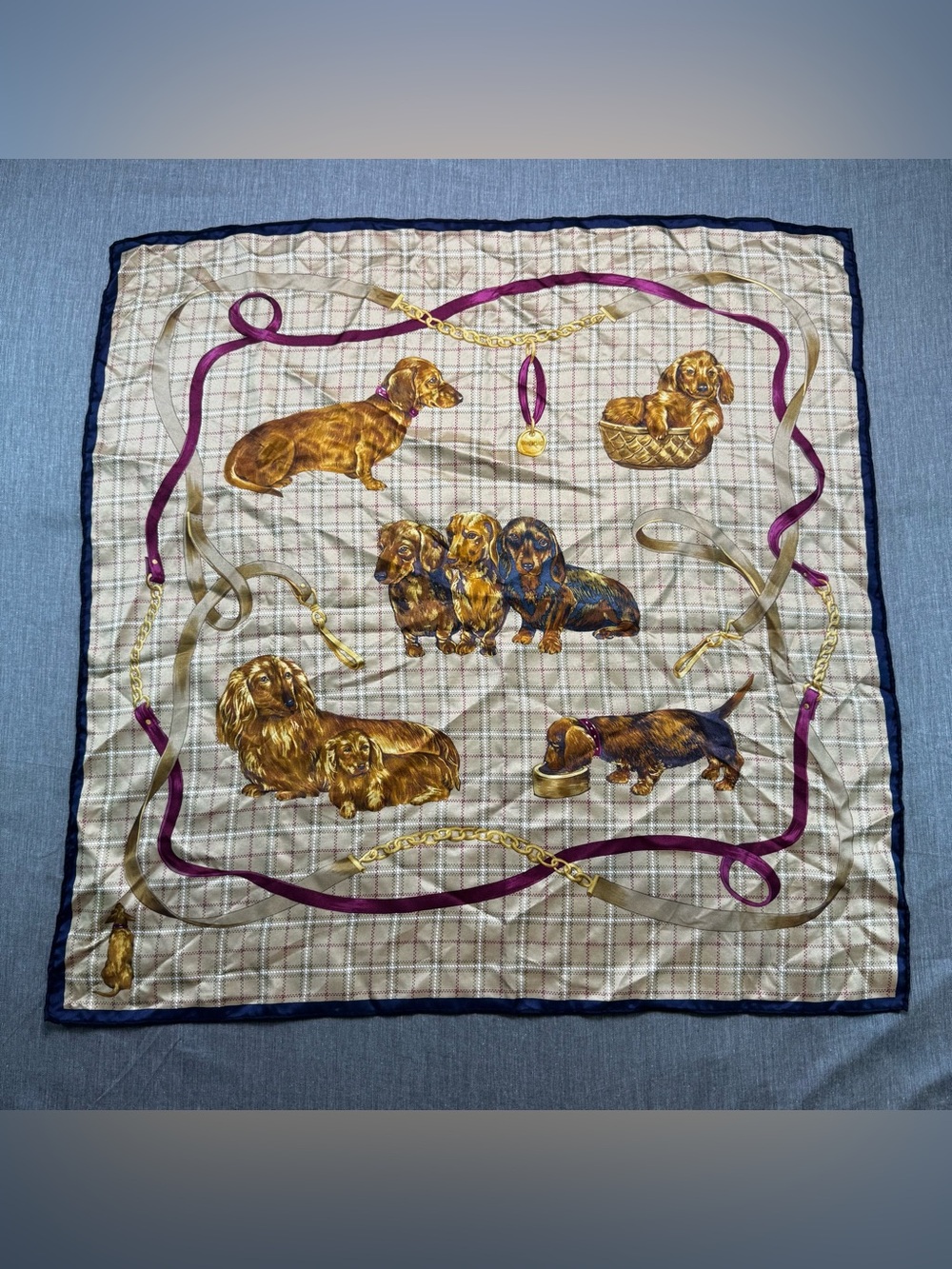 VINTAGE DACHSHUND Novelty Silk Scarf Wiener Dog Equestrian Plaid Border Print